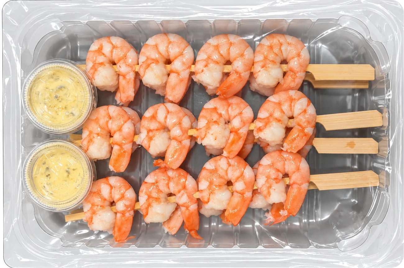 Charola de brochetas de camarón cocido con aderezo, de Todo Marisco